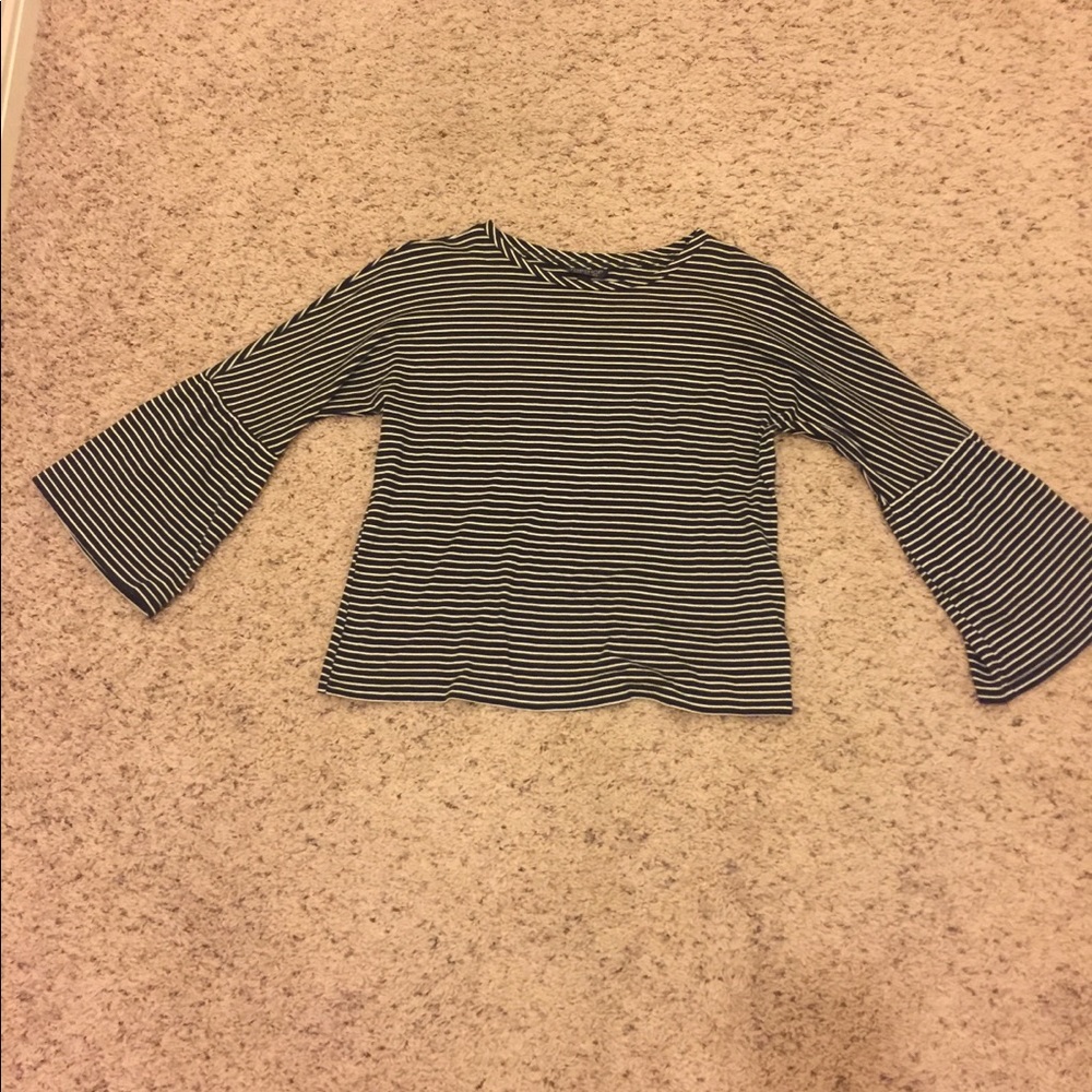 Topshop bell sleeve navy and white striped shirt